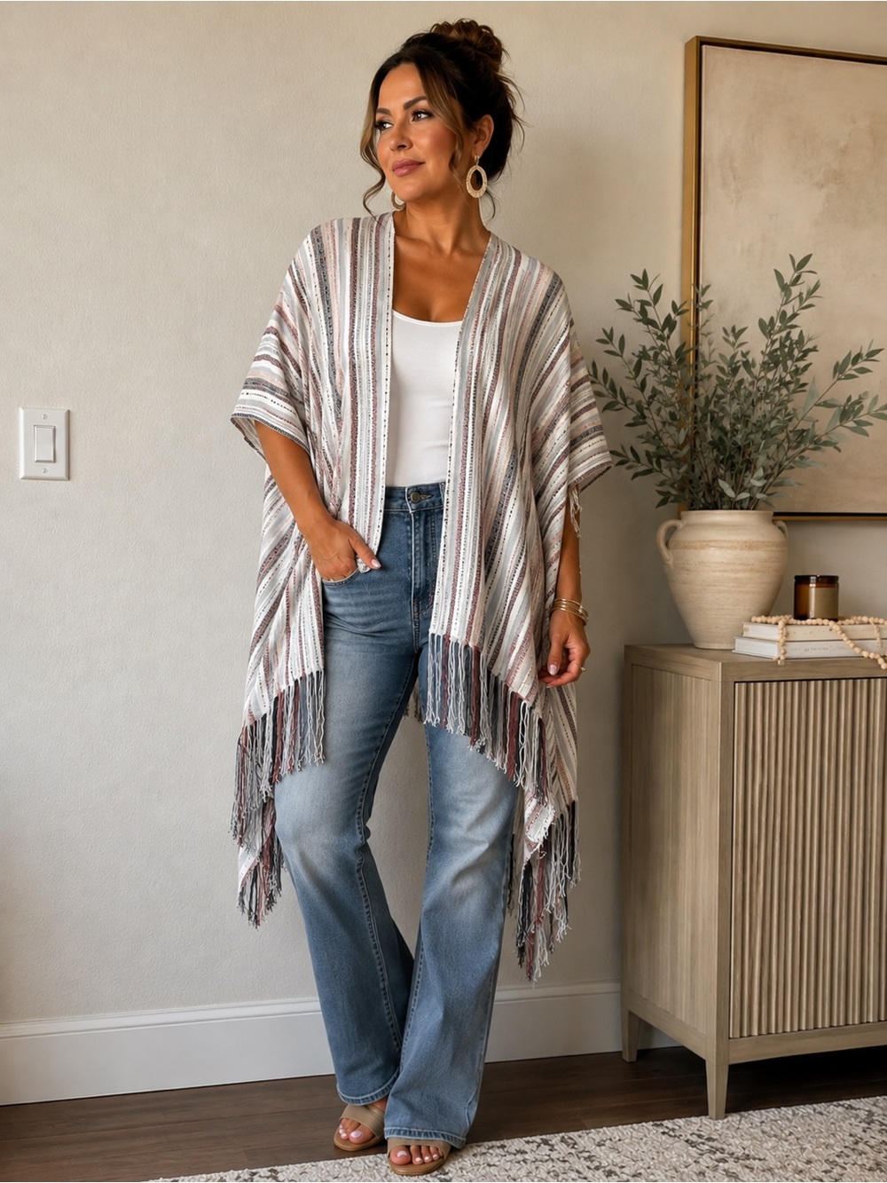 Altar'd State White & Muted Multicolor Striped Fringe Kimono